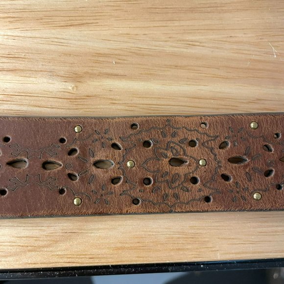 Laser Cut Leather Western Boho Belt Gold Studs Women L Brown Made in USA main image 8
